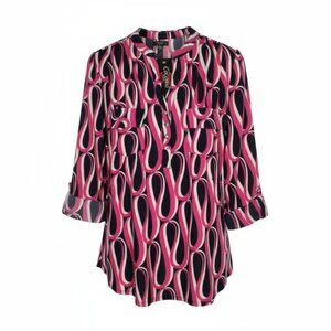 Cocomo Women's Plus Size 1X Pink Multi Color Pintuck 3/4 Sleeve Blouse Top